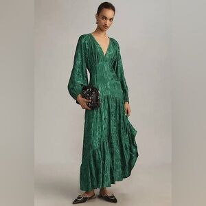 ANTHROPOLOGIE Farm Rio Floral Jacquard V-Neck Maxi Dress Green Petite Size NWT